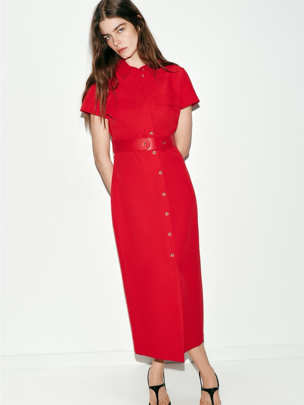 Zara Red Maxi Shirt Dress with Belt